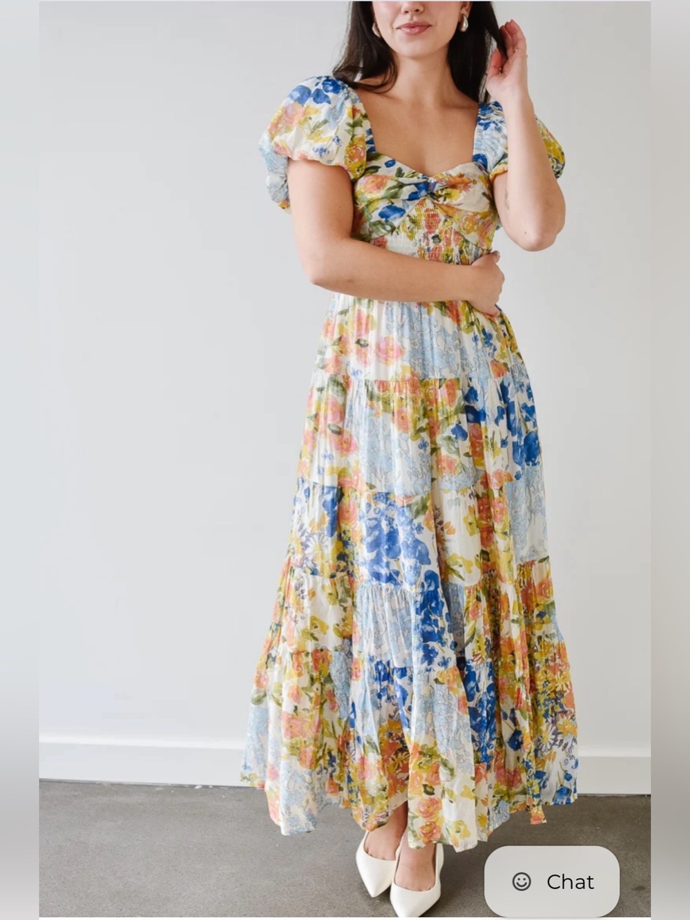 THML Floral Puff-Sleeve Maxi Dress in Blue, Yellow & Cream